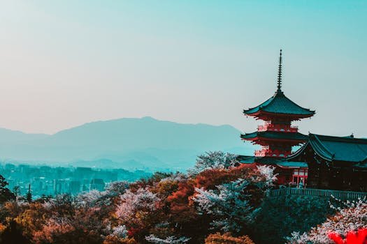 Scenic view of Kiyomizu-dera Temple with cherry blossoms in Kyoto, Japan, capturing traditional Japanese architecture at twilight.